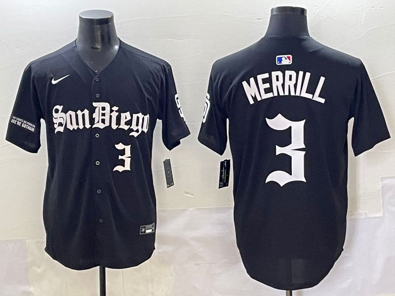Men 2025 San Diego Padres #3 Merrill Black Five generations Joint Name Nike MLB Jersey style 9